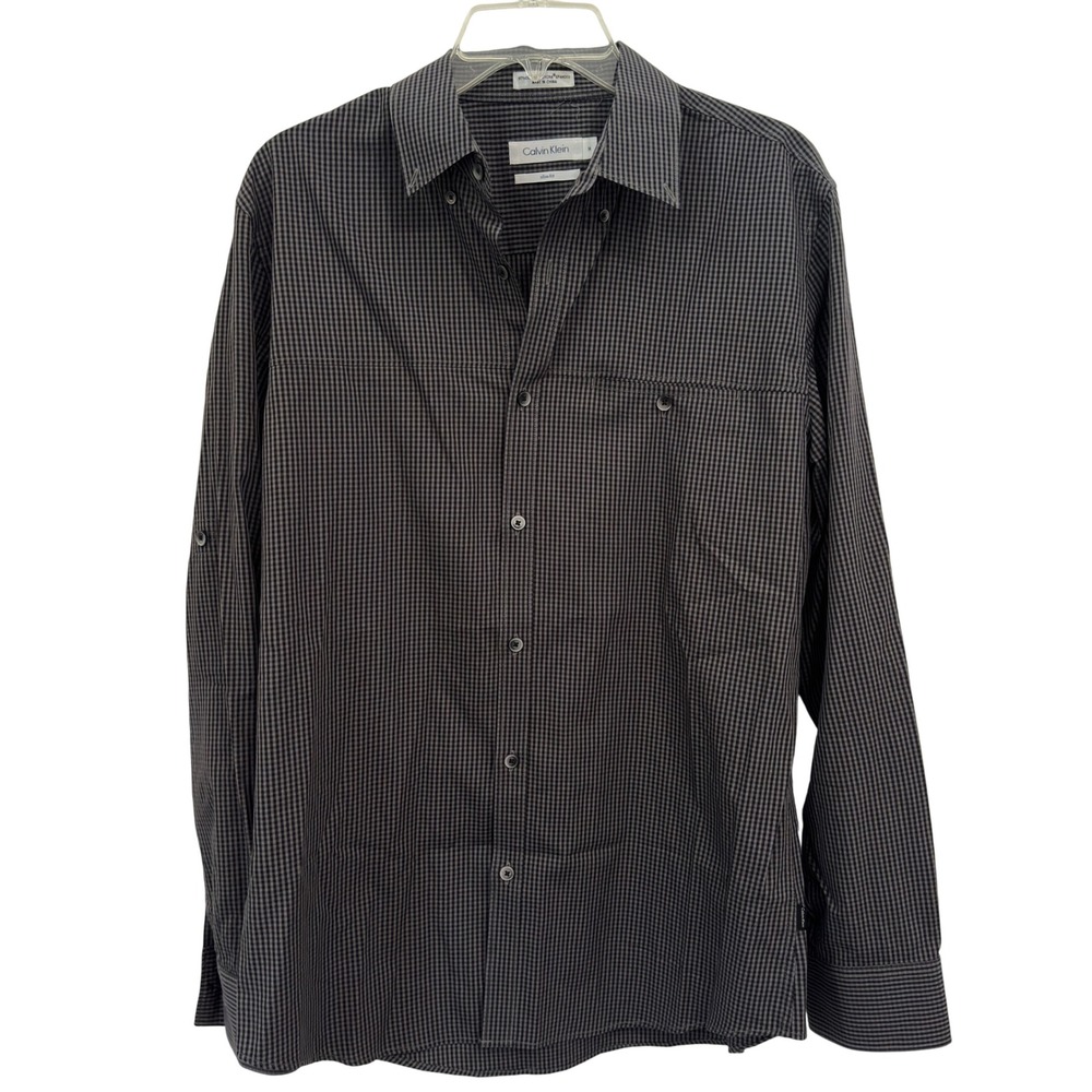 Calvin Klein Mens Slim Fit Shirt Preppy Black White Gingham Cotton Stretch LS M